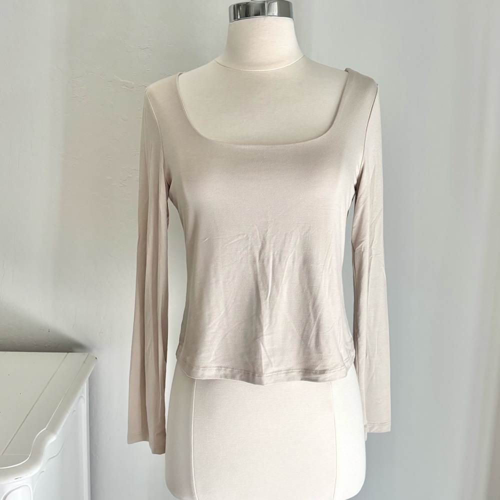 Mahina Taupe Square Neck Double Layered Long Sleeve Top, Large